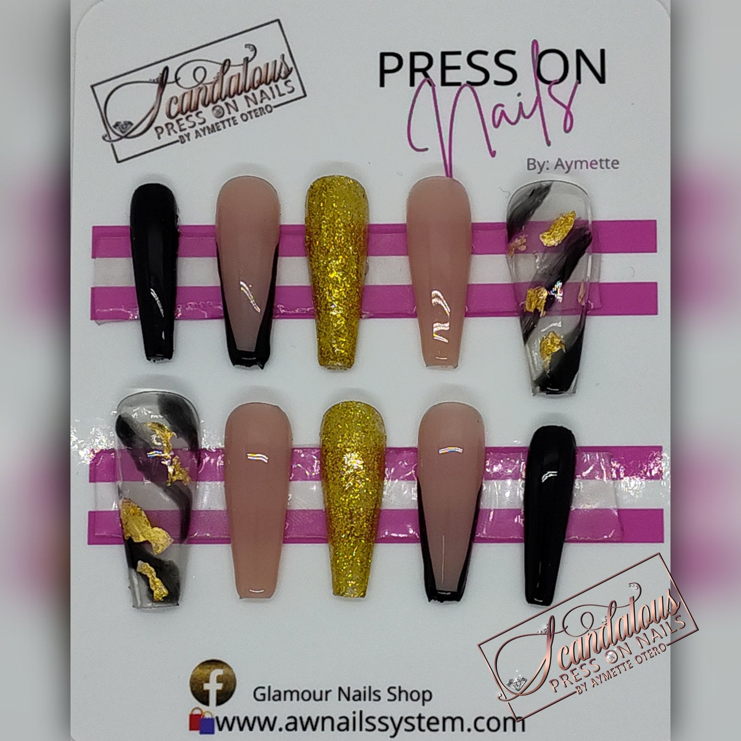 Press on nails # MK4 Nude, negro Y foil size 7