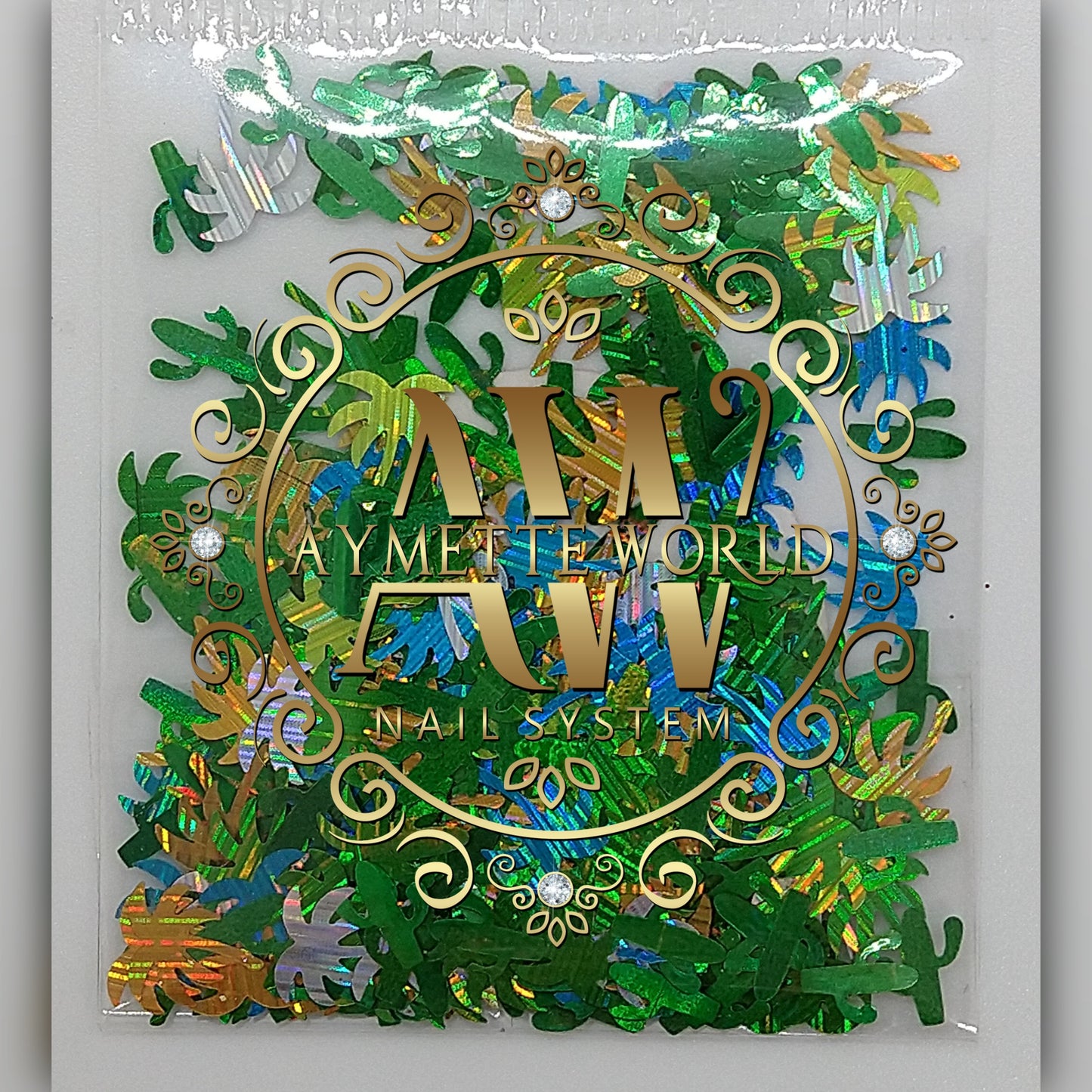 Palmas y cactus verdes, azules y doradas