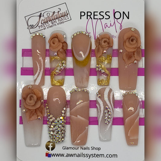 Press on nails  # MK6 Nude, white & Rhinestones