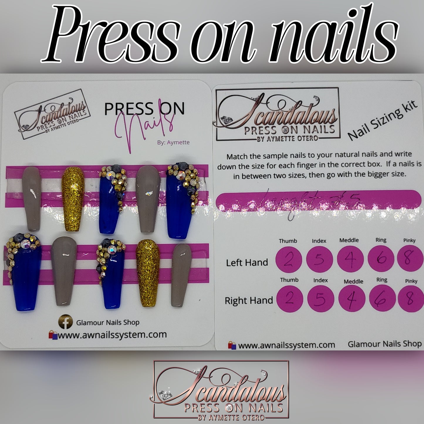 Press on nails #MK7 Tonalidad azul intenso y gris